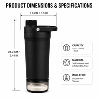 Bouteille shaker en acier inoxydable 24 oz OEM ODM avec compartiment à poudre, tasse shaker isotherme sous vide pour vente en gros