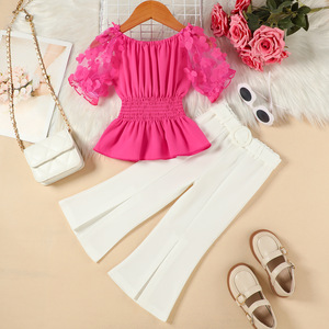 Set Estivo Tre Pezzi per Ragazze Europee e Americane: Top con Maniche a Sbuffo in Rete, Pantaloni a Trombetta Tinta Unita e Cintura - Product Image 4