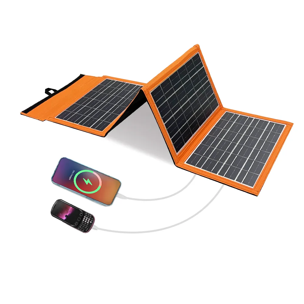 شاحن مزدوج USB بقوة 20 واط بألواح طاقة شمسية استيرادية مع شحن سريع للهواتف المحمولة طراز IP65 مقاوم للماء وبألوان البرتقال والأسود