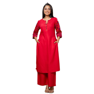 Conjunto de Kurta y Pantalones de Rayón Rojo de Lujo Elegante para Mujer, Venta al Por Mayor - Product Image 2