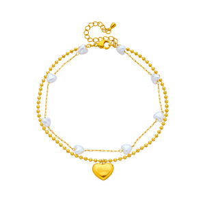 Chaîne de cheville double en acier inoxydable doré avec perles irrégulières et breloques cœur gravées, style féerique pour femme, idéale pour l'été à la plage - Product Image 6