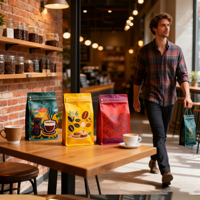 Emballage personnalisé, nouveau design, pochette à fond plat pour café en grains et lait, matériaux recyclés, biodégradable, anti-odeur