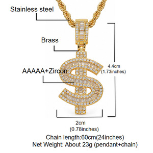 Collar con Colgante <span class=keywords><strong>de</strong></span> Signo <span class=keywords><strong>de</strong></span> Dólar con Incrustaciones <span class=keywords><strong>de</strong></span> Circonitas Cúbicas en Latón Dorado y Plateado para Hombre, Joyería Hip Hop Streetwear - Product Image 2