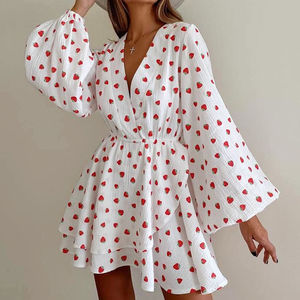 Enyami con collo a V maniche da donna Mini abiti stampati da donna autunno moda abito da stampa <span class=keywords><strong>fragola</strong></span> in puro cotone - Product Image 1