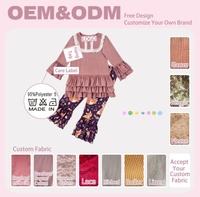 Ensemble 2 pièces pour fillette avec motif personnalisé, imprimé renard, col en dentelle, haut à volants étagés et pantalon évasé