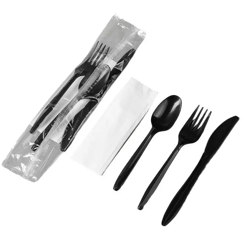 Tek kullanımlık plastik çatal bıçak kaşık sofra siyah kaliteli toptan kaşık bıçak çatal çatal bıçak kaşık seti biyo-bozunur gümüş sofra takımı