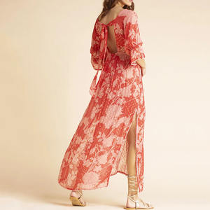 फैक्टरी डिजाइन बोहेमियन प्रिंट गहरा v लघु आस्तीन स्लिट मैक्सी ड्रेस कस्टम 100% रेयन वॉइल बीच पोशाक - Product Image 4