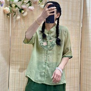 Traditional Chinese Embroidered Cotton Linen Short Sleeve Shirt Women Rose Pink Green Beige Summer Tea Dress Top - Product Image 3