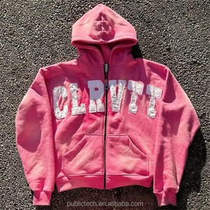 Custom Vintage Crop 100% Cotton Zip up Distressed Embroidery Patch Acid <b>Wash</b> Hoodie Men - Product Image 2