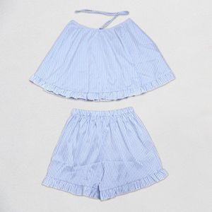 Women's Striped Halter Neck Ruffle Hem <strong>Flowy</strong> <strong>Top</strong> And Shorts 2 Piece Set Sehe Fashion - Product Image 5