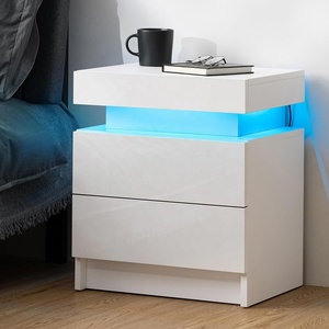 <span class=keywords><strong>Table</strong></span> de chevet blanche haute brillance, meuble de chambre à coucher en bois avec éclairage LED, <span class=keywords><strong>table</strong></span> d'appoint - Product Image 2