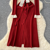 Robe décontractée élégante pour femmes, en dentelle, avec nœud, tricotée, à manches longues, coupe évasée, avec détails boutonnés, pour un usage quotidien