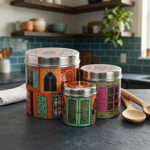 Moroccan Style stainless steel Spice <b>Containers</b> With Lid Round Design For <b>Kitchen</b> <b>Storage</b> Printed Pattern Decorative Food jar - Product Image 6