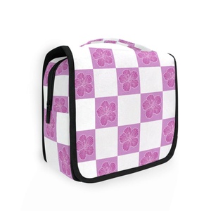 Bolsa de Maquillaje de Viaje Personalizada con Diseño a Cuadros Rosa y Blanco, con Diseño de Flores de Hawái, Bolsa de Aseo Colgante para Mujer con Gancho - Product Image 1