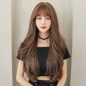 Ainizi top quality fashionable wig Korean style 26 inches long wave cold tea brown synthetic hair wig with fringe for women