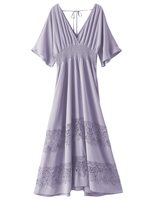 Robe longue décontractée pour femmes, style bohème, été, 2026, manches courtes, col en V, taille smockée, dentelle, couleur violette, élégante