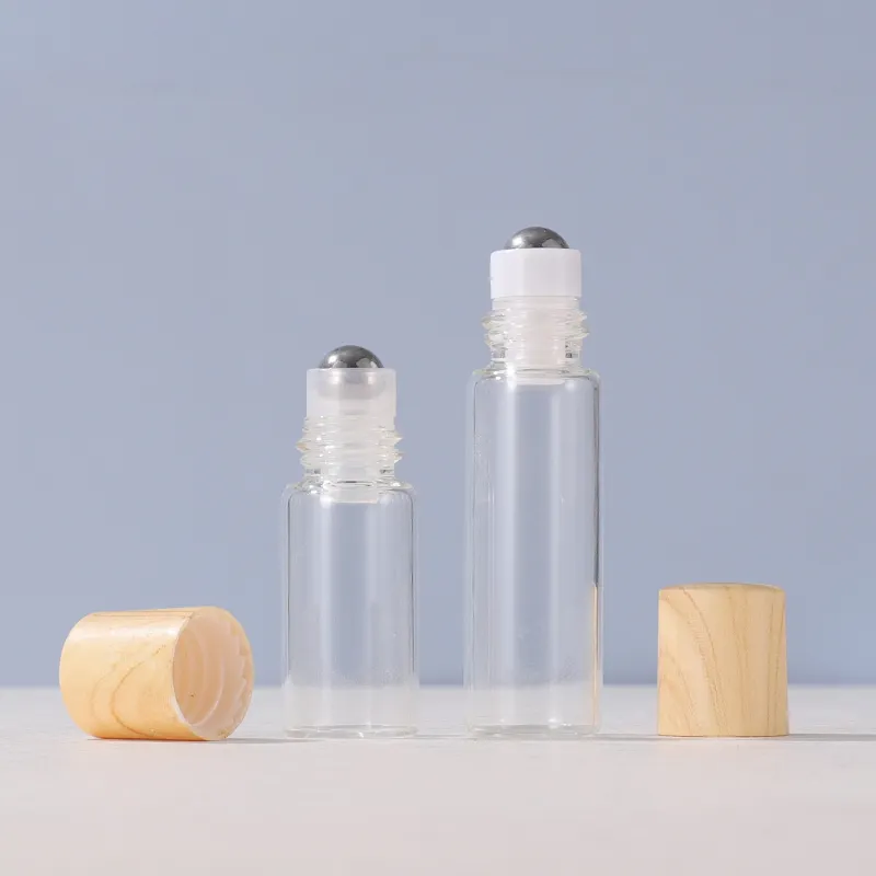 Bouteille ml en verre transparent naturel, adapté aux huiles essentielles, avec capuchons en bois, flacon en verre épais