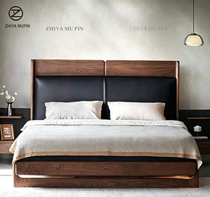 Cama Doble Tapizada con Suspensión, <span class=keywords><strong>de</strong></span> Madera Sólida <span class=keywords><strong>de</strong></span> Nogal Negro Norteamericano, Estilo Italiano Minimalista, con Cuero Genuino, para Recámara Principal Moderna - Product Image 1
