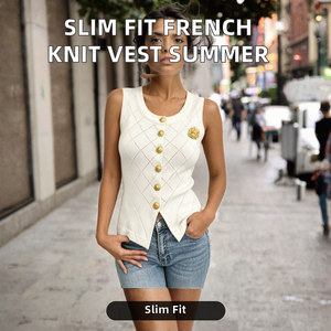 <b>White</b> Knitted Sleeveless <b>Tank</b> <b>Women</b> Button Front Slim Fit Summer Vest Casual Breathable 100% Polyester Outerwear - Product Image 2
