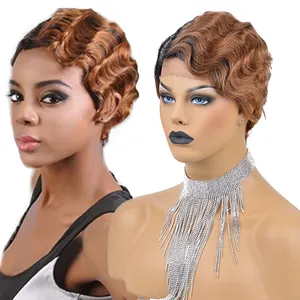 Günstige 6 "kurze maschinell gefertigte Echthaar Perücke lockige Retro Perücke Finger Wave Perücken für schwarze Frauen