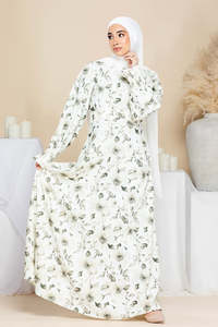 Robe longue élégante à imprimé floral vert personnalisée Leduo – Abaya à poignets smockés avec hijab pour femmes musulmanes - Product Image 2
