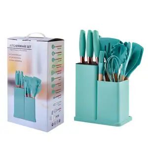 Ensemble de couteaux et ustensiles de cuisine en silicone 19 pièces Ensemble d'ustensiles de cuisine en silicone antiadhésifs avec support Outils de cuisson Ustensiles de cuisine