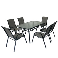Mobilier de jardin au design moderne Table à manger en métal noir Ensemble de chaises avec parapluie pour balcon, patio, café et hôtel