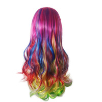 Perruque longue ondulée multicolore effet arc-en-ciel avec frange, résistante à la chaleur, sans colle, densité 100 %, pour femmes, idéale pour cosplay et fêtes