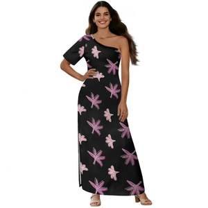 Vestido de Verano Floral Exclusivo Personalizado Polinesio Lavable de Manga Corta Maxi con Hombros Descubiertos y Abertura para Mujer al por Mayor - Product Image 3