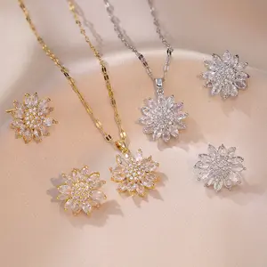 New Design Sunflower Zircon Flower Earrings Light Luxury Titanium Steel Necklace Chain Big Flower Pendant Crystal Set for Women