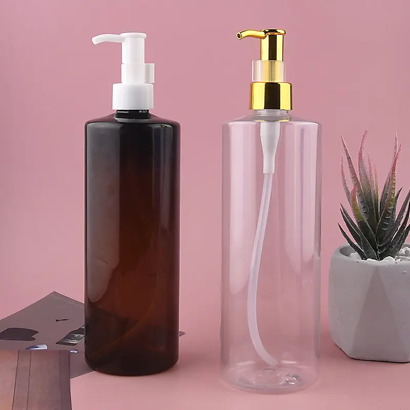 500ml 300ml Cosmetic Container 500ml clear Plastic Round Flat shoulder Shampoo Bottle with gold oil pump lid cap