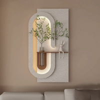 Seni Dinding Relief 3D Japandi Modern dengan Lampu LED, Patung Plester dengan Vas Bunga Kaca untuk Ruang Tamu, Pintu Masuk, Custom