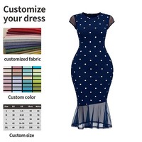 Robe midi moulante élégante bleu marine et blanc à pois en maille à manches courtes et ourlet sirène pour invitée de mariage ou cocktail, taille personnalisée disponible