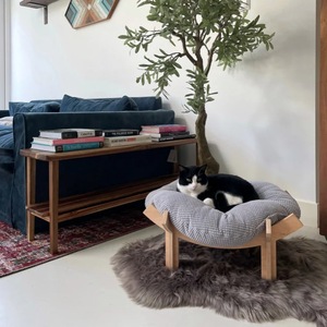 Wooden Indoor Cat <b>Bed</b> Round With Detachable Pillow Natural Wood Color Customizable Polyester Fiber Fill Hand Wash Cat <b>House</b> - Product Image 2