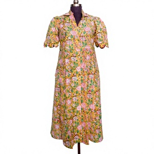 Robe midi en coton pour femme, imprimé floral, col en V, coupe trapèze, manches courtes, style bohème, décontractée, pour soirée, cache-maillot de bain, avec poches en dentelle - Product Image 1