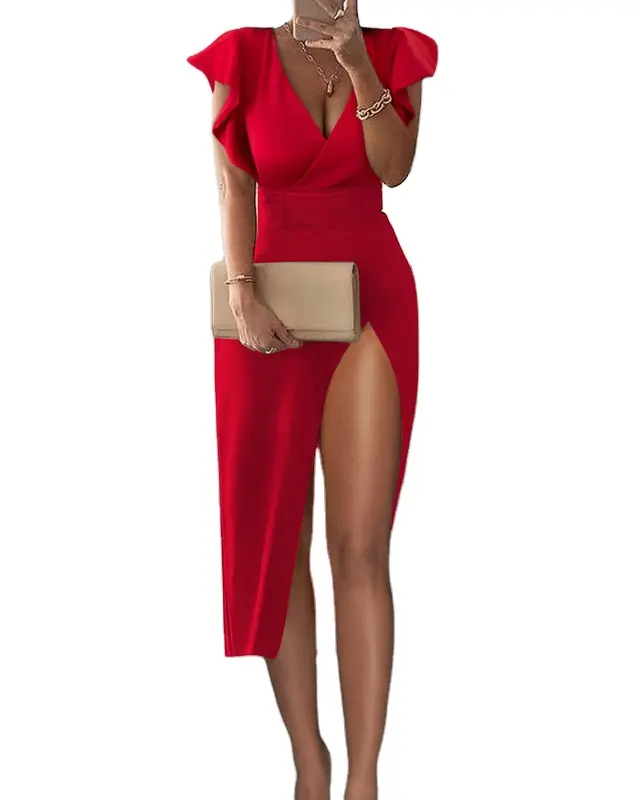 Ladies Deep V Neck Sexy High Split Short Sleeve Casual Solid Maxi Beach Vacation Maxi Red Office Business Dress Women