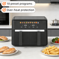 Freidora de Aire de Doble Cesta con Temperatura Ajustable, 9L, 10 Programas Preestablecidos, Diseño Cuadrado Moderno, Patas Antideslizantes, Acero Inoxidable SS304, para el Hogar