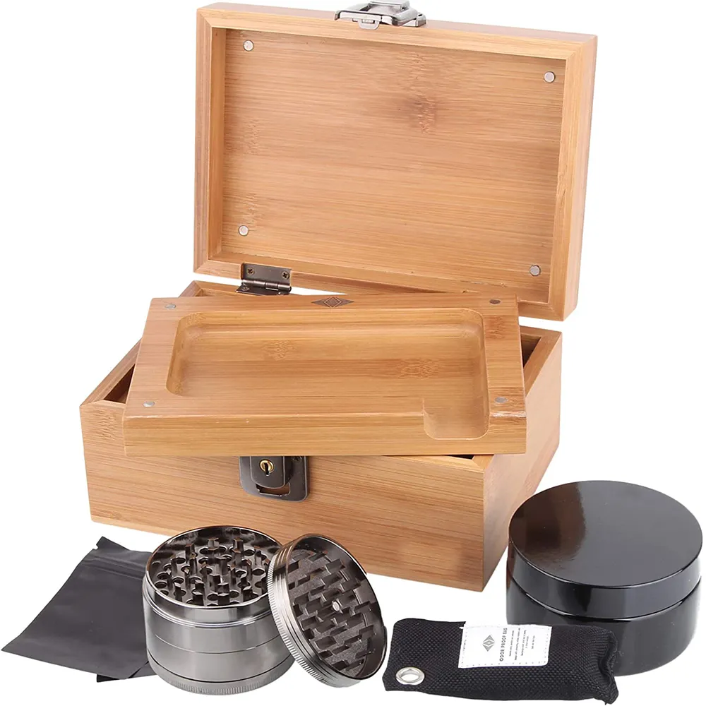 Holz Stash Box Kit mit Schloss Bambus Holz Rolling Tray Combo 100 ml Luftdichtes UV-Geruchs schutz glas Premium