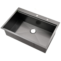 Haute qualité PVD noir au-dessus du comptoir Topmount bol unique en acier inoxydable 304 cuisine évier artisanal avec accessoires