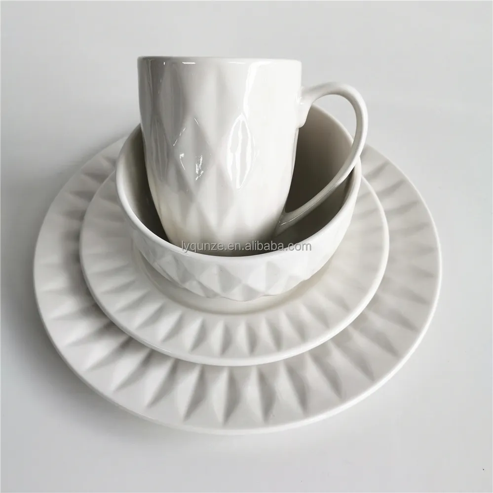 Louça cerâmica branco corpo gravando diamante forma placa arroz tigela café chá caneca pratos porcelana panelas 16pc pratos