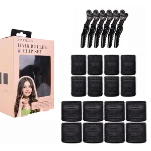 Custom package 16pcs self grip hair rollers and 6pcs alligator hair clips heatless plastic nylon hair rollers set