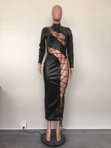 Sonbahar kış Bodycon çekici uzun kollu kravat up delik Faux deri kaplumbağa yaka Maxi seksi parti elbiseler - Product Image 5