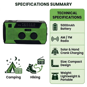 <span class=keywords><strong>Radio</strong></span> solaire d'urgence à manivelle avec port de charge USB-C, en plastique ABS, 5000 mAh, certifiée CE RoHS, prête à être expédiée pour les zones sauvages - Product Image 6