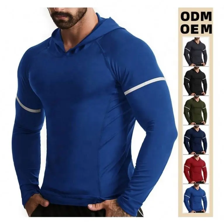 Kustom Logo kemeja lari lengan panjang pakaian aktif latihan Gym poliester Pullover pria olahraga hoodie pakaian kasual