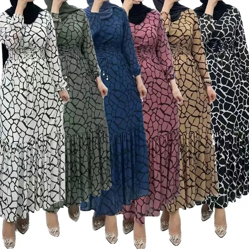 Vrouwen Abaya Midden-Oosten Lange Jurk Geplooide Eendelige Jurk Losse Abaya Frauen Muslimisches Kleid
