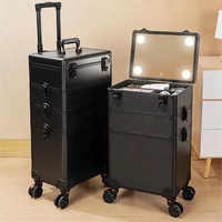 Miroir LED, organiseur de maquillage professionnel, valise à roulettes avec fermeture à glissière, panneau ignifuge et construction en alliage d'aluminium
