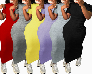 Viviblook Z428DS03 Mujer Verano Color sólido O Cuello Manga corta Acanalado Sexy Maxi Vestido de talla grande - Product Image 2