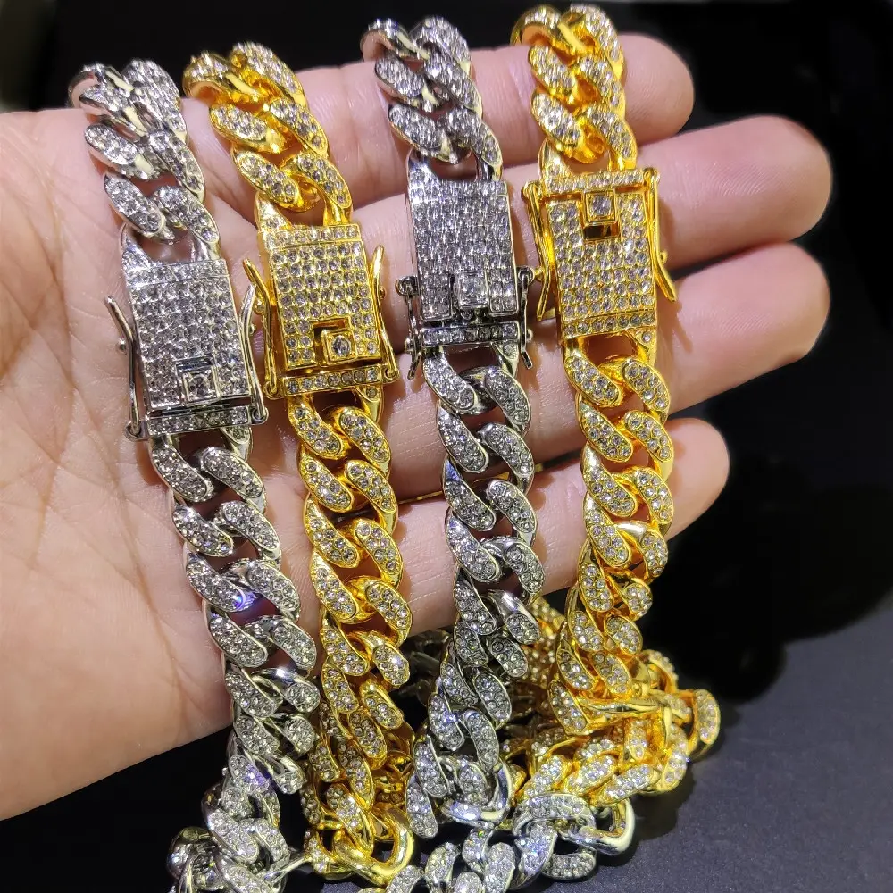 2023 Mode 12Mm Lebar Iced Out Rantai Kalung Kristal Berlian Imitasi Aloi Hip Hop Miami Rantai Tautan Kuba untuk Pria