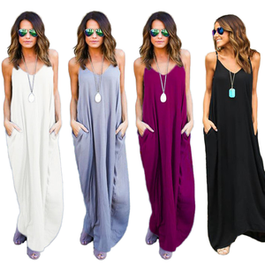 Summer <b>Boho</b> Breathable Eco-Friendly Maxi V-Neck Sleeveless Loose Fit Solid Color Chiffon <b>Long</b> <b>Dress</b> Pockets Women Casual Beach - Product Image 1
