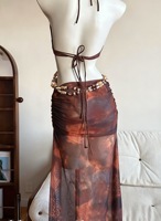 Ensemble 3 pièces maillot de bain et robe longue pour femme, motif chaînes, détails à nouer, coupe ajustée, style modeste, cache-maillot de plage S-L
